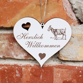 Herzlich Willkommen Sign, Two-Coloured Goat, Decorative Heart Wooden Welcome Sign, Door Sign, Decorative Sign, Door Decoration