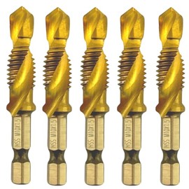 Rennie Tools - Pack Of 5 - M10 x 1.5 Combination Drill and Tap Bit, 1/4" Hex Shank. Metric Coarse Titanium Coated HSS Spiral Flute Drilling Tapping Tool. 10mm x 1.5mm Pitch Drill Bit.