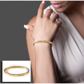 B.Tiff Yellow Gold Plated Stainless Steel Round 25-Stone Eternity Bangle Cuff Bracelet Fashion Jewelry For Women, Size 6.75"