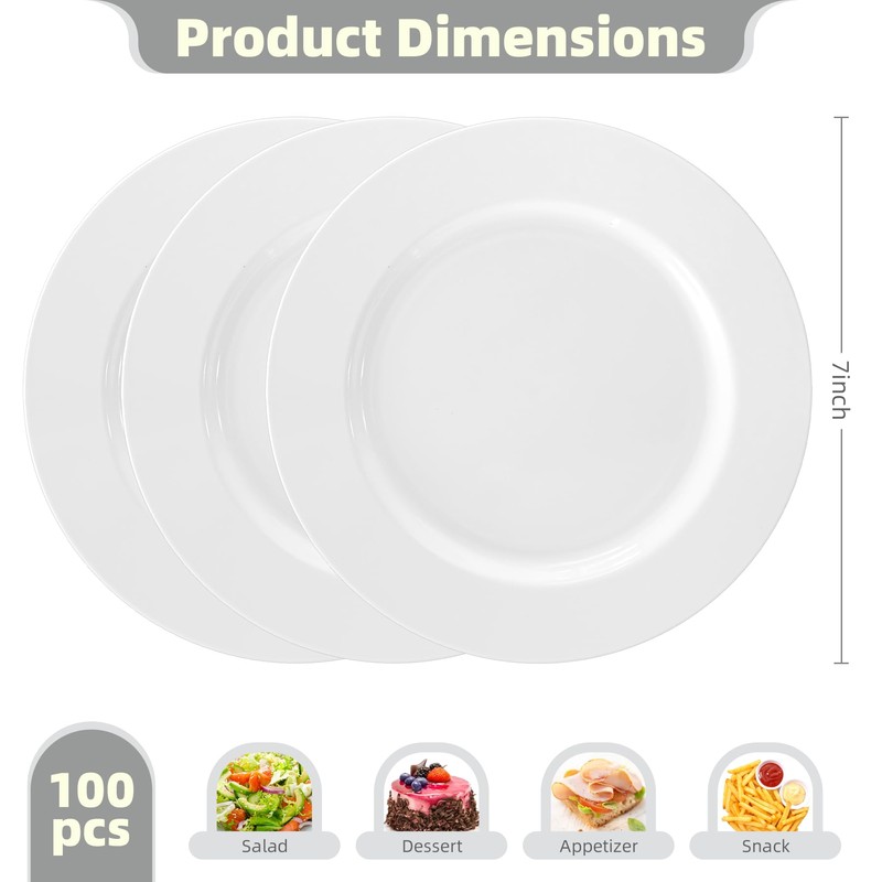 N9R 7 inch White Disposable Plastic Plates, 100PCS Dessert/Salad Plates