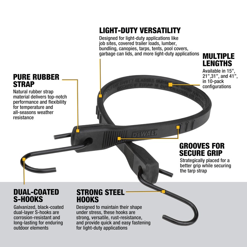 DEWALT DXBC3001021 Black/Yellow 21" Rubber Tarp Straps, 10 Pack