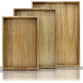 3 Pack Acacia Wood Serving Tray with Handles, Decorative Serving Trays Platter for Breakfast in Bed, Lunch, Dinner, Patio, Ottoman, Coffee Table, BBQ, Party, Great for Lap &Couch (Set of 3)