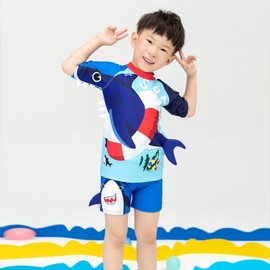 Kids Junior Cartoon Shark Rash Guard Set with Swim Trunks Size 110 (Weight 10.00 Kg-15.00 Kg / Fun Little Shark) 2ea