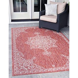 Unique Loom Traditional Classic Medallion Transitional Indoor and Outdoor Flatweave Runner Rug_OTD001, 5 x 8 Feet, Rust Red/Gray