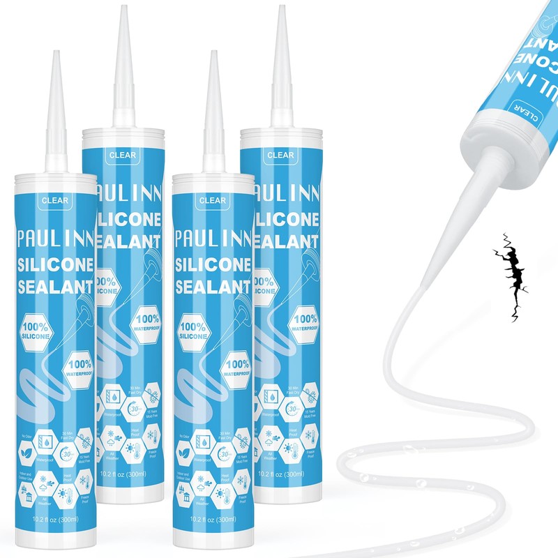 PAULINN Clear Silicone Sealant, 100% Waterproof Silicone Adhesive Caulk for