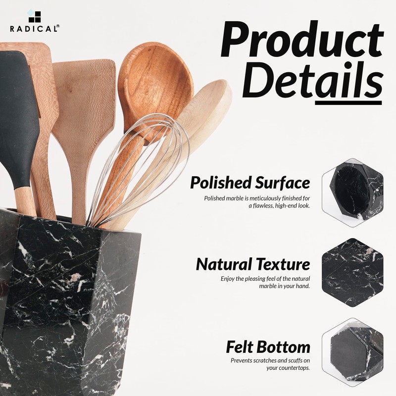 Radicaln Marble Utensil Holder 6.5'' Inches Black Spatula Set for
