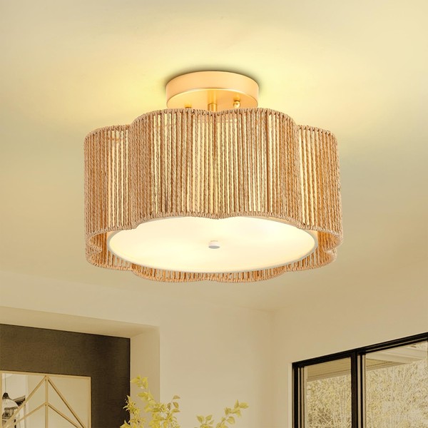 Haolaike 13 Inch Rattan Flush Mount Ceiling Light Fixtures 2-Light