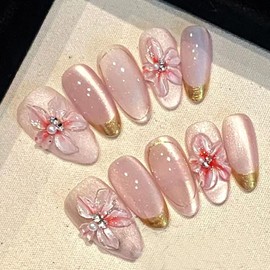 24Pcs Flower Press on Nails Medium Almond Fake Nails with Gold French Tip False Nails Design Silver Rhinestones Stick on Nails Full Cover Artificial Glue on Nails Cat Eye Nail Supplies for Women DIY