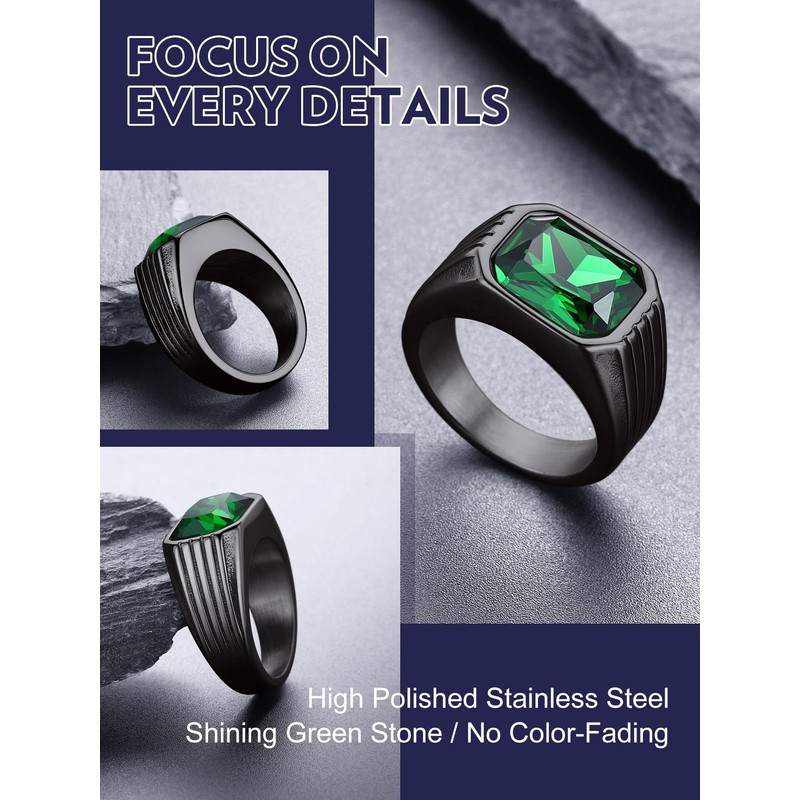 Bandmax Mens Stainless Steel Black Rings Size 13 Emerald Ring