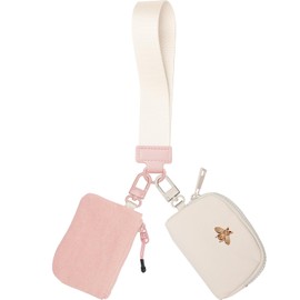 COOLANS Mini Wristlet Wallets Dual Pouch,Around Wristlet Wallet for Women Zip Cards Holder,Wristlet Bracelet Coin Purse Clutch Bag(Pink&White)