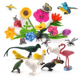 BRETOYIN 24PCS Realistic Bird Animals Figurines Plastic Flower Toys Mini Insect Toys Set for Toddlers Age 3+ Educational Project Diorama Kids for Preschool Children
