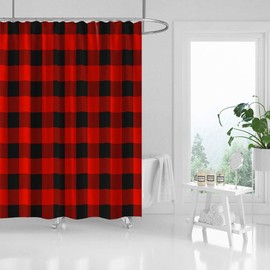 Red and Black Square Shower Curtain Buffalo Plaid Lumberjack, Polyester Fabric Shower Curtains with Hooks, 71x71inch (6714H)