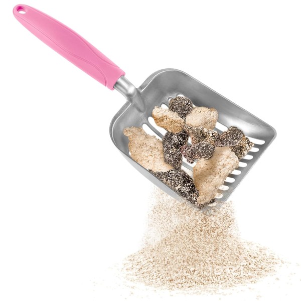 SunGrow Cat Litter Scoop - Premium Multicat Metal Sifter with Deep Shovel, Non-Slip Handle & Curved Design for Maximum Coverage - Durable, Heavy Duty Cat Poop Scooper for Litter Box (Light Pink)