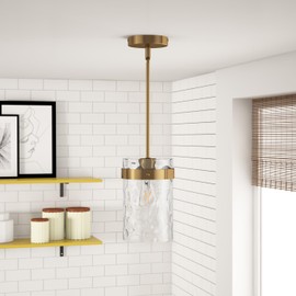 Aiwen Modern Farmhouse Pendant Light Fixture, 6.29 in Brass Pendant Lights with Clear Rippled Glass, Gold Mini Hanging Light Pendant Fixture for Kitchen Island Dining Room