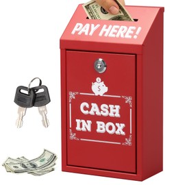Les-Theresa Donation Box with Lock, Key Drop Box Wall Mounted Collection Box Metal Suggestion Box, Charity Donation Jar with Top Slot Cash Boxes, Secure Cash Drop Box for Home Office Business (Red)