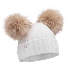 ELIMELI Winter Women's Hat with Two Pompoms - Warm Winter Hat with Faux Fur Bobble - Slouch Beanie Women - Bobble Hat for Women - Fleece Lined Women's Hat, White
