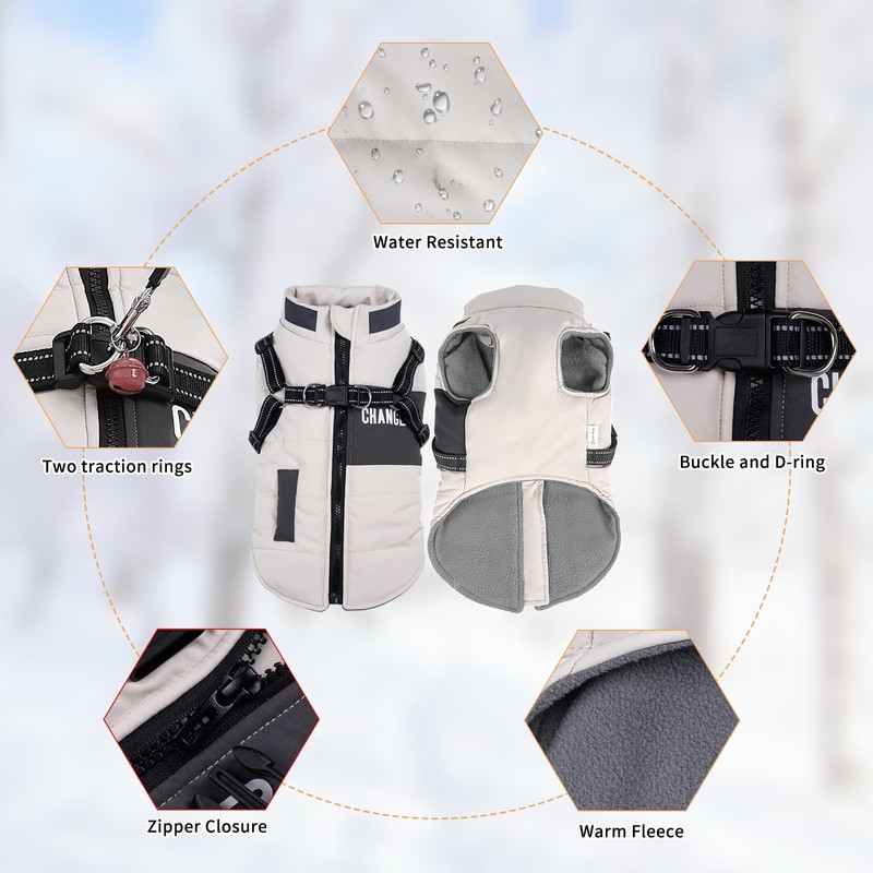 EOAMGO Dog Coat, Waterproof Dog Coat with Harness, Warm Coats