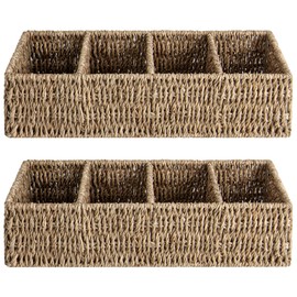 StorageWorks Small Wicker Basket for Organizing with 4-Section, Natural Seagrass Storage Baskets with Dividers for Pantry Shelves, 2-Pack