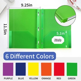 Kioeee Folders with Pockets and Prongs,6 Pack Heavy Duty Plastic Pocket Folders with 3 Prongs and Business Card Slot,Fit Letter Size Paper,Assorted Color for Home,School and Office