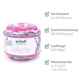 Gründl Lolly Pop Crochet and Knitting Yarn (Wool-Like and Washable Universal Yarn, 100% Polyacrylic, 150 g/240 m, Needle Size: 5-6, 4 x 150 g), Garnet Fresie-Pewter White Colour