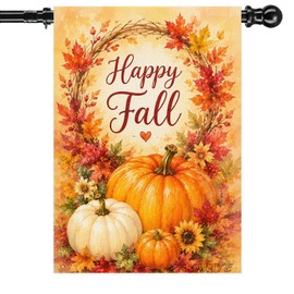 Happy Fall House Flag 28x40 Double Sided, Pumpkin Wreath Autumn Outdoor Large Yard Flag, Seasonal Porch Lawn Farmhouse Harvest Decor