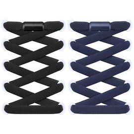 RJ-Sport 2 Pairs of Flat Shoelaces without Tying - Elastic Shoelaces with Quick Release - Quick Lacing System for Unique Comfort and Strong Hold - with Metal Capsules, Black and navy blue