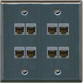 Wallplate City RiteAV - Cat6 Shielded Wall Plate 8 Port - Flat 2 Gang [Stainless Steel]