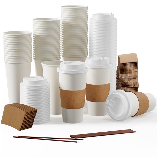 [50 Pack] 20 oz Paper Coffee Cups, Disposable Paper Coffee Cup with Lids, Sleeves, and Stirrers, Hot/Cold Beverage Drinking Cup for Water, Juice, Coffee or Tea, Suitable for Home, Shops and Cafes