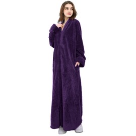 Hellomamma Womens Robes Warm Plush Winter Robe, Zip up Long Fleece Bath Robes Female, Zipper Bathrobes for Women