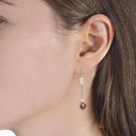 14k Gold-filled Fishhook Earrings with White Cultured Freshwater (4.5-5mm) Potato Pearls and Red Cloisonne Drops for Women, Trendy Pearl Jewelry