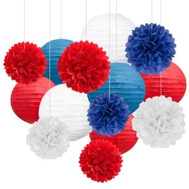 18 PCS Red White Blue Paper Lanterns & Tissue Paper Pom Poms for July 4th Independence Day, Memorial Day, Baseball Party, Patriotic Veteran Celebration Theme Party Decoration Set Supplies