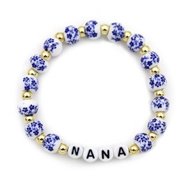 TTYY Blue White Beads Porcelain Bracelet GIGI NANA Birthday Gifts Vintage Stretch Bracelets Mother's Day for Mom and Grandma