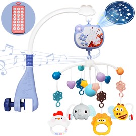 Crib Mobile with Music and Lights, Baby Mobile for Crib Toys with Rotation, Remote Control, Projection, Nursery Crib Musical Mobile for Bassinets Arm Clip On Hanging for Infant Boys Girls Toddles Blue