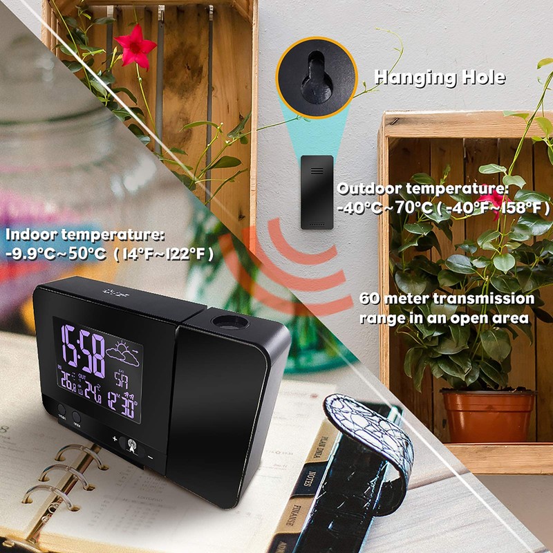 ALLOMN Digital Projection Alarm Clock, Indoor Outdoor Temperature, Weather Forecast,