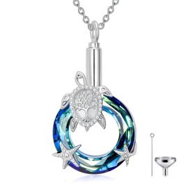 925 Sterling Silver Sea Turtle Urn Necklace for Ashes, Sea Turtle Necklace with Blue Crystal Ocean Theme Crystal Pendant Jewelry Summer Beach Gifts for Marine Animal Lovers