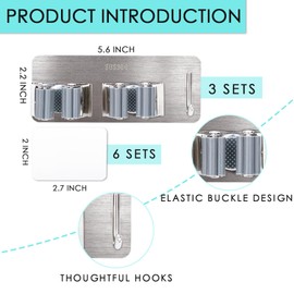 LINCAN Broom Holder Wall Mount, SUS304 Stainless Steel Mop Organizer, Heavy Duty Mop Broom Hanger with Hooks, Self Adhesive Storage Rack for Laundry Kitchen Garage Garden Storage, 3PCS