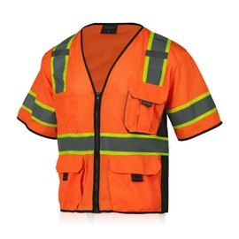 Sicalobo Men's High Visibility Safety Mesh Vest with 10 Pockets,Hi Vis ANSI Class 3 Reflective Work Vests Zipper Front Workwear for Men(Orange,4XL)