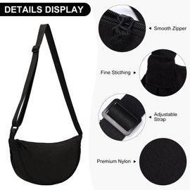 Runmeihe Cross Body Crescent Bag for Women, Small Crossbody Dumpling Bag with Adjustable Strap, Sling Shoulder Bag for School Sport Casual Travel Hiking Work (Black)