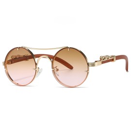 Vintage Round Sunglasses Gold Leopard Fashion Double Bridge Punk Shades for Men Women （Gold Frame Brown Pink Lens）