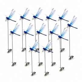 12-Pack Blue Dragonfly Garden Decorations – Realistic Clip-On Outdoor Accents for Plants, Patios and Events