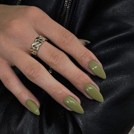 Olive Green False Nails Medium, SXVME Green Press on Nails Almond Solid Color Full Cover Fake Nails Medium Almond Nails Press on Stiletto Glue on Nails Stick on Nails for Women DIY Nail Art 24 Pcs
