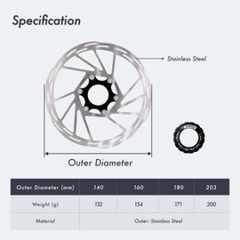 DJC Bike Center Lock Brake Rotor Disc 140mm 160mm 180mm 203mm MTB Road Bike Stainless Steel with Lockring (180mm)