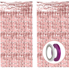 Andiker 4Pcs Silver Party Curtain Sets, 2 Square Foil Curtain Backdrop with 1 Roll of Ribbon and 1 Spare Tape Gorgeous Metallic Fringe Backdrop Curtains Large Curtains for Party Decoration (Rose)