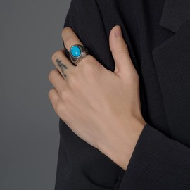 VQYSKO Retro Turquoise Ring for Men and Women | Stainless Steel Oval Turquoise Ring for Men and Women | Ideal Gift for Dad Boyfriend Blue/Black/Brown/White Color for Choice (Blue, 8.5)