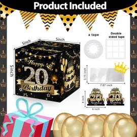Birthday Money Box for Cash Gift, 20 Years Old Surprise Box Explosion Gift for Women Men Pull, 20th Birthday Money Gift Ideas, Black Gold Birthday Party Decor -Included 35 Bags