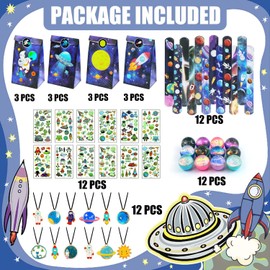 Hmfmdy Pack of 60 Space Party Bags Children's Birthday Party Bags with Gift Bags, Party Gift Packs, Filling Party Favour Children with, Bouncy Ball, Snap Bracelets, Necklace, Tattoo Stickers - C