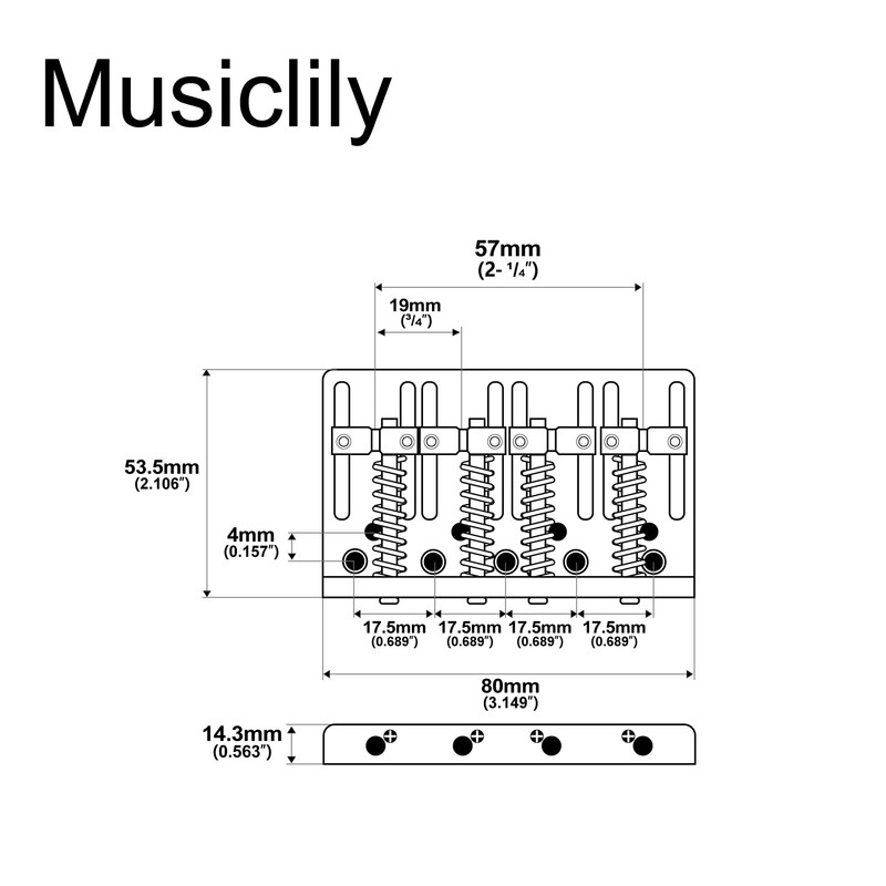 Musiclily Pro 19mm 4-String Bass Hardtail Bridge with Brass Saddles