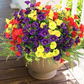 Outdoor Artificial Fake Flowers Ferns,12Bundles Morning Glory Faux Flowers with Fake Plants,UV Resistant Realistic Silk Flower for Spring Summer Window Box Garden Decor