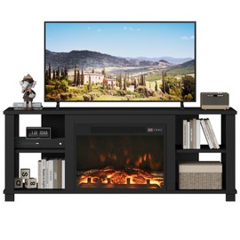 JUMMICO Fireplace TV Stand with 23" Electric Fireplace, Entertainment Center Console Table with 4 Shelves and Storage Cabinet, Modern Wood Entertainment Stand for TV up to 65" for Living Room(Black)