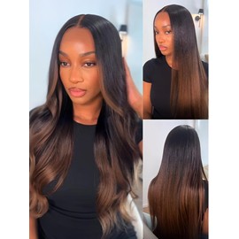 UNICE Yaki Straight 13x4 Lace Front Wigs Human Hair with Drawstring Pre Everything Glueless Frontal Human Hair Wig Pre Plucked Pre Cut Bleached Knots Chestnut Brown ombre Color 150% Density 10 inch